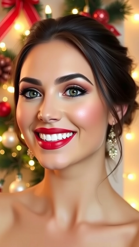 Festive Christmas Makeup with Bold Red Lips A close-up of a festive makeup look with bold red lips and neutral eyeshadow against a Christmas backdrop.